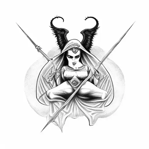 A gothic interpretation of the myth of Lilith and Lucifer in a dark and eerie setting tattoo design idea