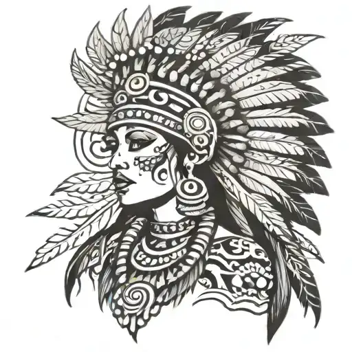 Aztec princess with headress  tattoo design idea