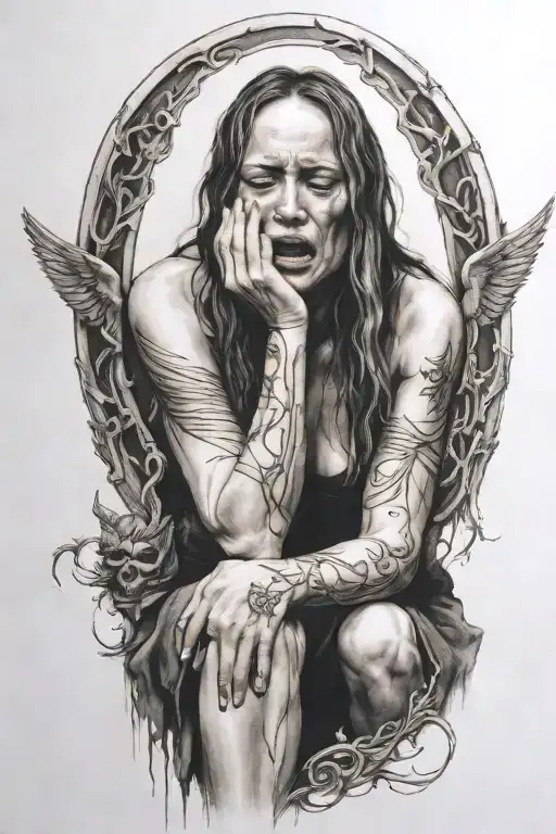 death angel crying woman sitting tattoo design idea