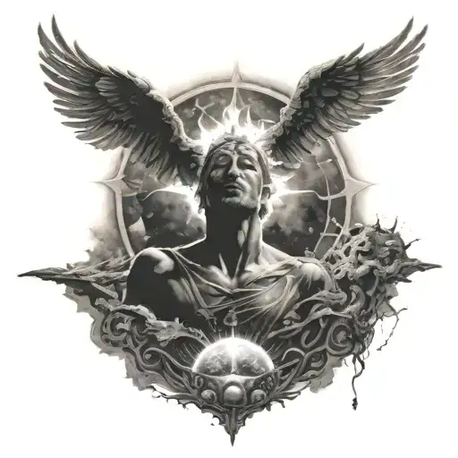 Sun rays falling from heaven to dark energy realm which beautiful and it falls on a man who is covered with dark energy  tattoo design idea