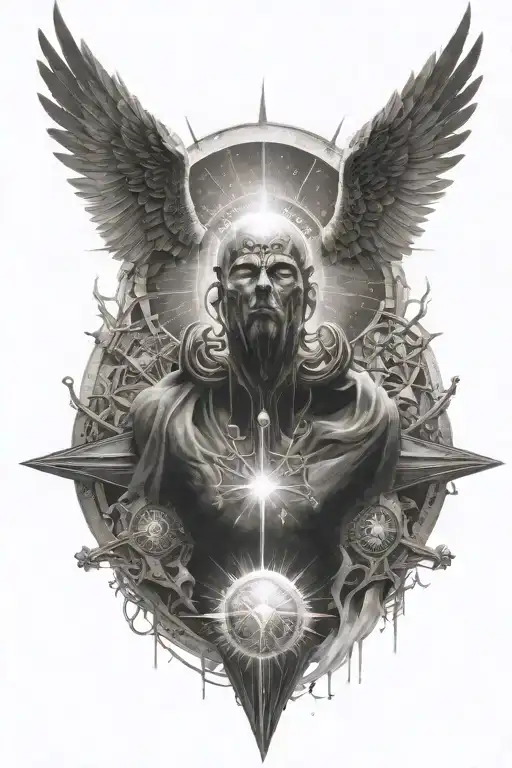 Sun rays falling from heaven to dark energy realm which beautiful and it falls on a no face man  with dark energy  tattoo design idea