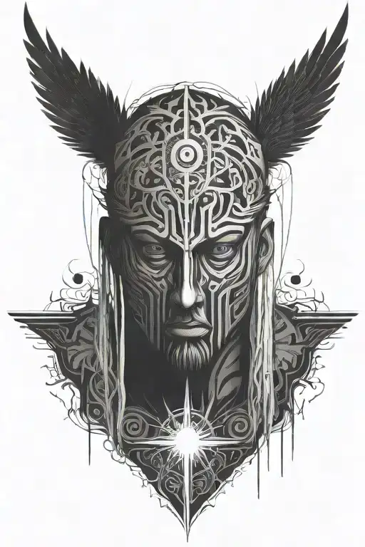 Sun rays falling from heaven to dark energy realm which beautiful and it falls on a no face man  with dark energy  tattoo design idea