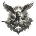 Sun rays falling from heaven to dark energy realm which beautiful and it falls on a man who is covered with dark energy  tattoo design idea