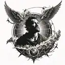 Sun rays falling from heaven to dark energy realm which beautiful and it falls on a man who is covered with dark energy  tattoo design idea