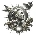 Sun rays falling from heaven to dark energy realm which beautiful and it falls on a man who is covered with dark energy  tattoo design idea