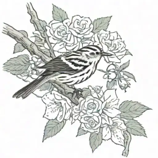 Black and white warbler, bird, tree branch, roses in background tattoo design idea