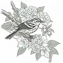 Black and white warbler, bird, tree branch, roses in background tattoo design idea