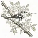Black and white warbler, bird, tree branch, roses in background tattoo design idea
