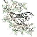 Black and white warbler, bird, tree branch, roses in background tattoo design idea