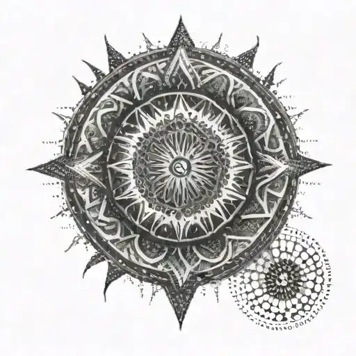 A powerful black sun with intricate dotwork patterns surrounding it tattoo design idea