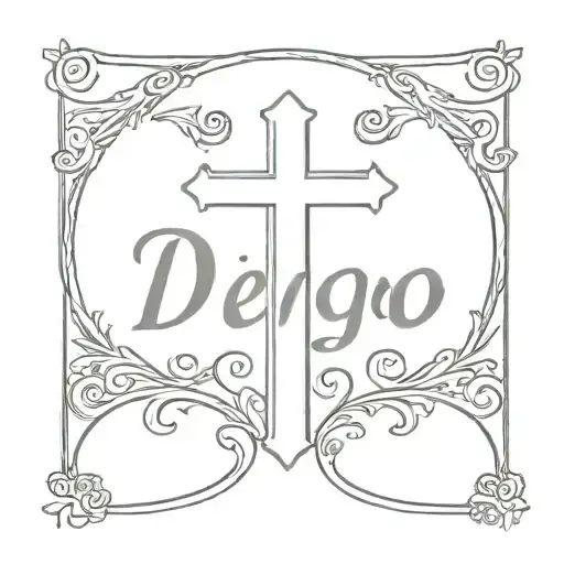 Christian cross with the name Pedro in horizontal cursive letters and the name Diego in vertical tattoo design idea