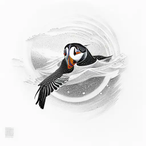 A majestic puffin swimming through a sea of musical aurora borealis tattoo design idea
