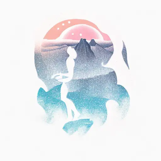 A silhouette of a person hiking in iceland with the northern lights shining overhead tattoo design idea