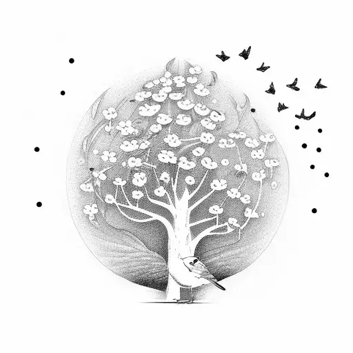 field with a tree, flowers, a cardinal, and a nutterfly tattoo design idea