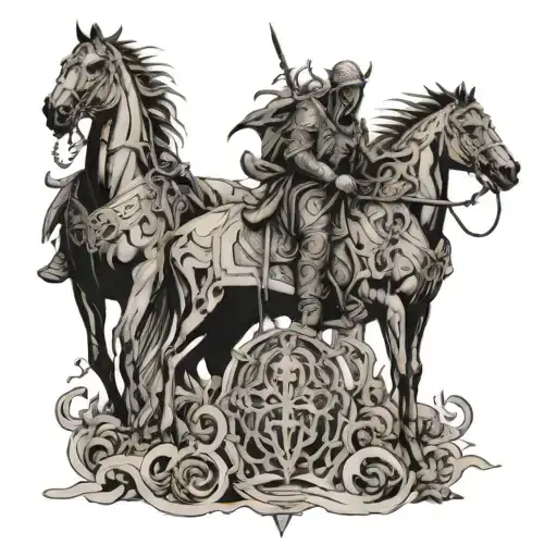 create a tattoo engraving on my back, Four Horsemen of the Apocalypse trampling skulls and people praying for salvation tattoo design idea