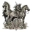 create a tattoo engraving on my back, Four Horsemen of the Apocalypse trampling skulls and people praying for salvation tattoo design idea