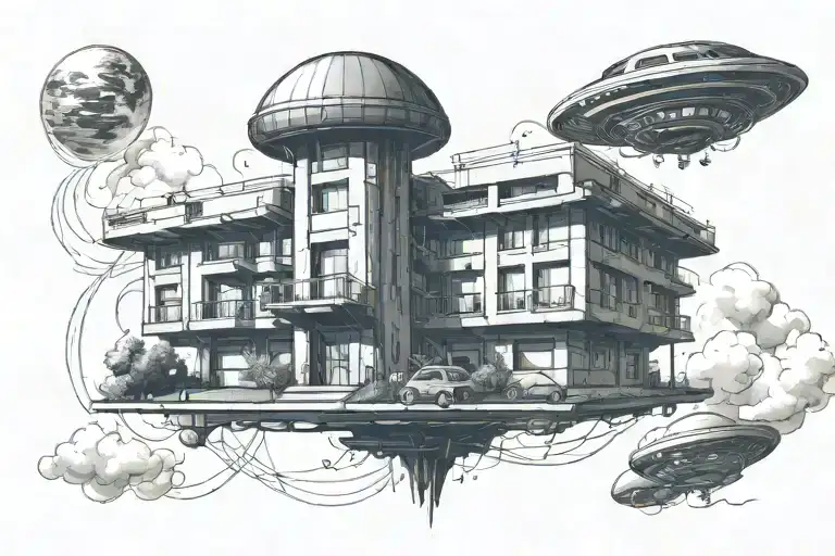 block of flats with an ufo in the sky tattoo design idea