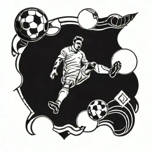 A football player kicking a soccer ball, with dental instruments forming a border around them in a blackwork style tattoo design idea