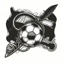 A tattoo design combining a musical note with a soccer ball, incorporating elements of dental anatomy in a blackwork style tattoo design idea