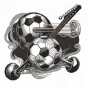 A tattoo design combining a musical note with a soccer ball, incorporating elements of dental anatomy in a blackwork style tattoo design idea