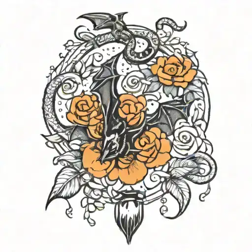 bat hanging upside with flowers and snakes wrapped tattoo design idea