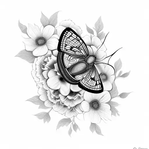 A moth emerging from a cocoon surrounded by blooming flowers tattoo design idea