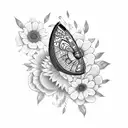 A moth emerging from a cocoon surrounded by blooming flowers tattoo design idea