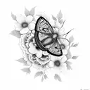 A moth emerging from a cocoon surrounded by blooming flowers tattoo design idea
