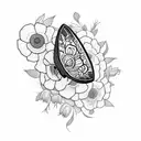 A moth emerging from a cocoon surrounded by blooming flowers tattoo design idea