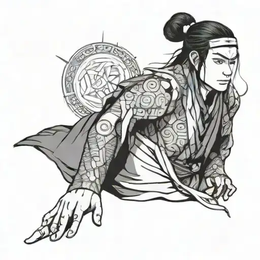 A unique dotwork tattoo design of Neji Hyuga surrounded by intricate geometric patterns symbolizing his mastery of the Gentle Fist technique tattoo design idea