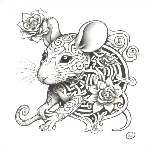 White mouse with flowers and a maze tattoo design idea