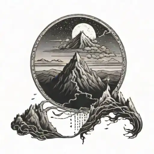 whip made of lightning and a lonely mountain range tattoo design idea