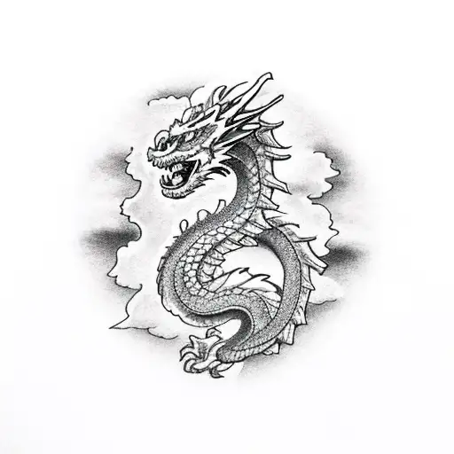 A majestic dragon soaring through the sky above a mountain range tattoo design idea