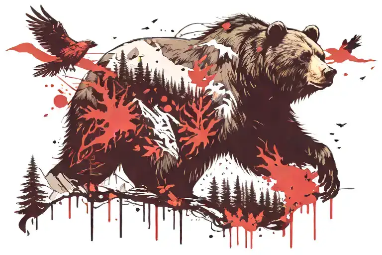 bear outline fading to trees and mountains with birds flying tattoo design idea