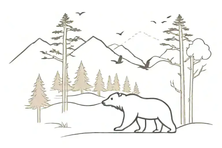 bear outline fading to trees and mountains with birds flying tattoo design idea