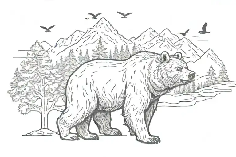 bear outline fading to trees and mountains with birds flying tattoo design idea