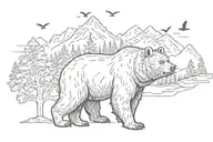 bear outline fading to trees and mountains with birds flying tattoo design idea