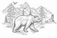 bear outline fading to trees and mountains with birds flying tattoo design idea