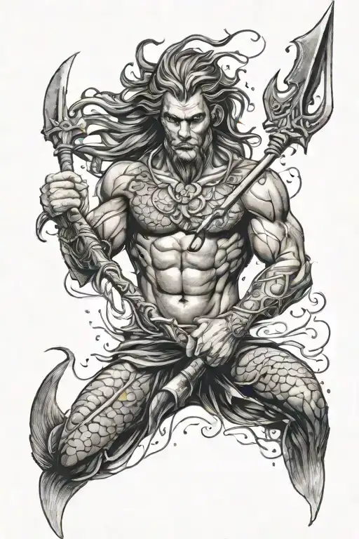 merman warrior with trident tattoo design idea