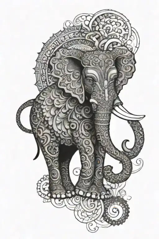 An intricate mandala design with a hidden elephant motif, symbolizing strength and wisdom, set against a backdrop of a full moon tattoo design idea