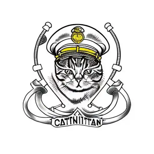 cat wearing a ship captain's hat with a ship's wheel tattoo design idea