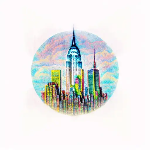 city skyline that includes the Empire State Building, Chrysler building, Low library from Columbia, Y tattoo design idea