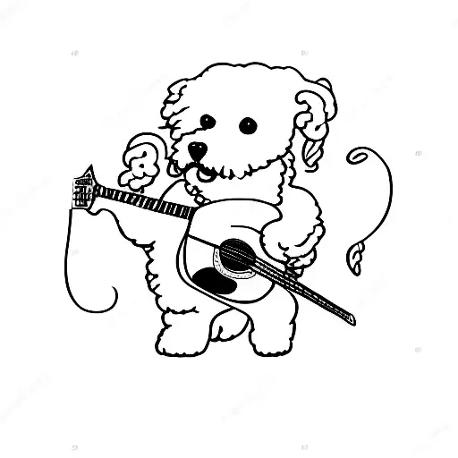 A bichon shizu playing a guitar in a serene outdoor setting tattoo design idea