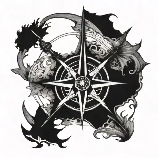 An intricate blackwork tattoo of a compass rose with crossed rifles, representing the love for hunting and exploring the outdoors tattoo design idea