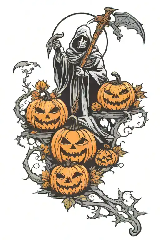 three scary pumpkins in a grave yard with the grim reaper  tattoo design idea
