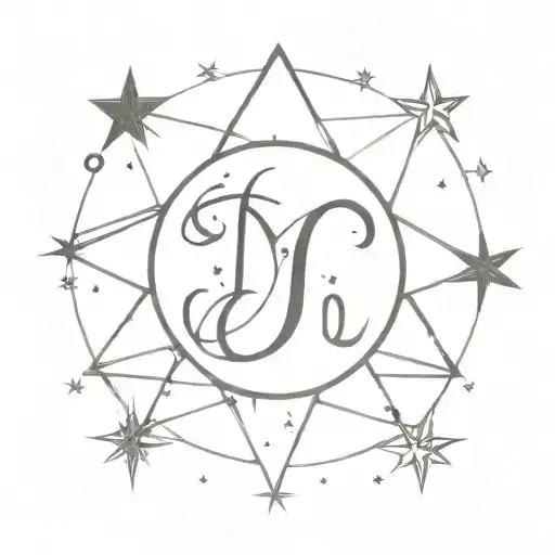 N of Narnia, initials Y and M, 6 small exploding stars, writing symbol tattoo design idea
