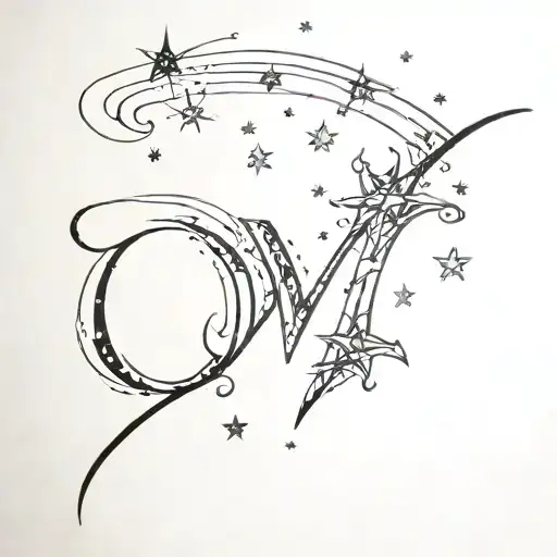 N from Narnia, initials Y and M, 6 small exploding stars, writing bookmark tattoo design idea