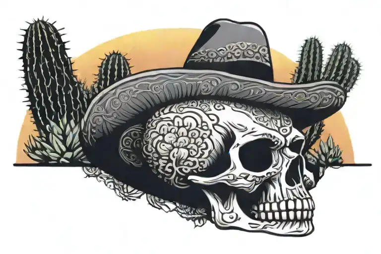Skull in sombrero is lying in front of a cactus with a mexican sunset behind tattoo design idea