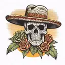 Skull in sombrero is lying in front of a cactus with a mexican sunset behind tattoo design idea