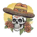 Skull in sombrero is lying in front of a cactus with a mexican sunset behind tattoo design idea
